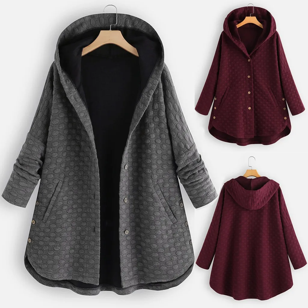 Женское винтажное пальто с капюшоном однотонное Асимметричное пуговицами и