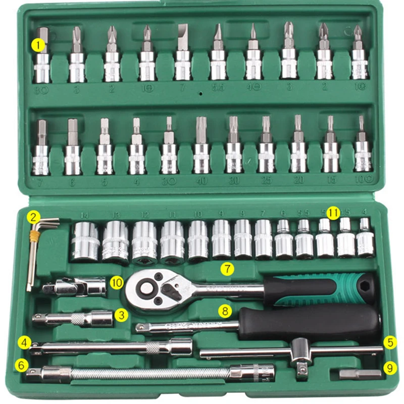 46pcs Socket Combination Tools Box Wrench Set Car Motorcycle Repair Toolbox Repair Home Voltage Batch Head Outils Hardware Tools