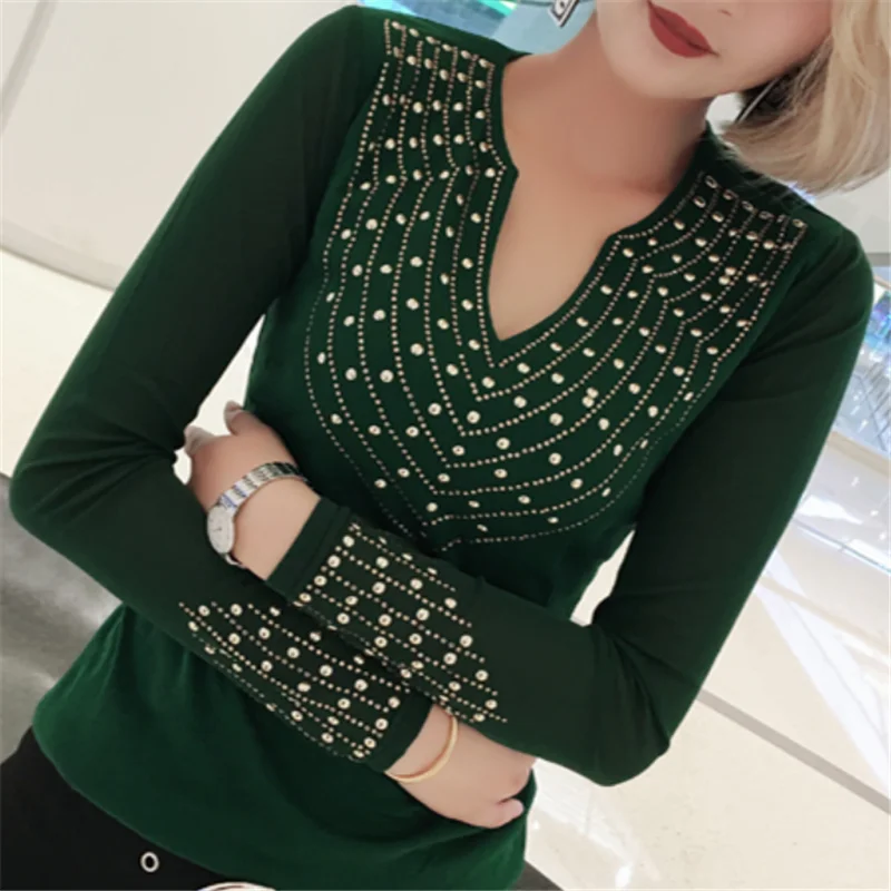 T-shirt female Rhinestone 2019 autumn tops women's diamond tshirts woman t shirt Vetement Femme Punk Rock Clothes poleras mujer |