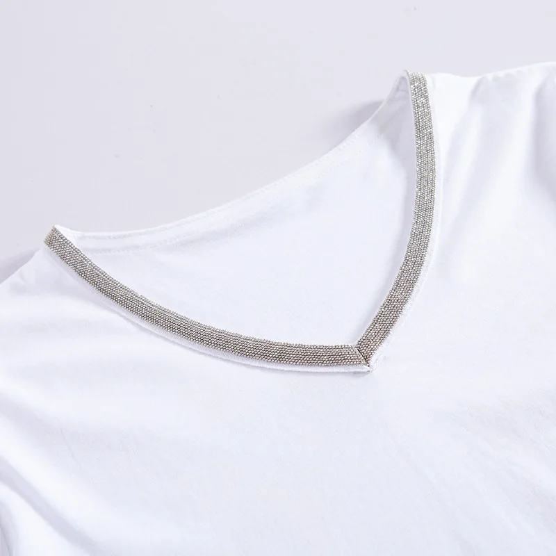 

MRMT 2021 Brand New Cotton Women's T-Shirt Short Sleeve Metal Chain V Collar Leisure T-shirt for Female Solid Color Tops Tshirt