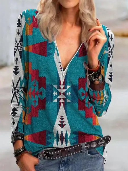 

2021 New Women's Spring and Summer Fashion All-match Western Ethnic Rhombus Printing Long-sleeved Zipper V-neck T-shirt SY007