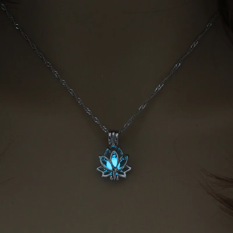 Luminous Lotus Pendant Necklaces Women Men Retro Fluorescent Stone Alloy Chain Necklace Healing Yoga Jewelry Gifts | Украшения и