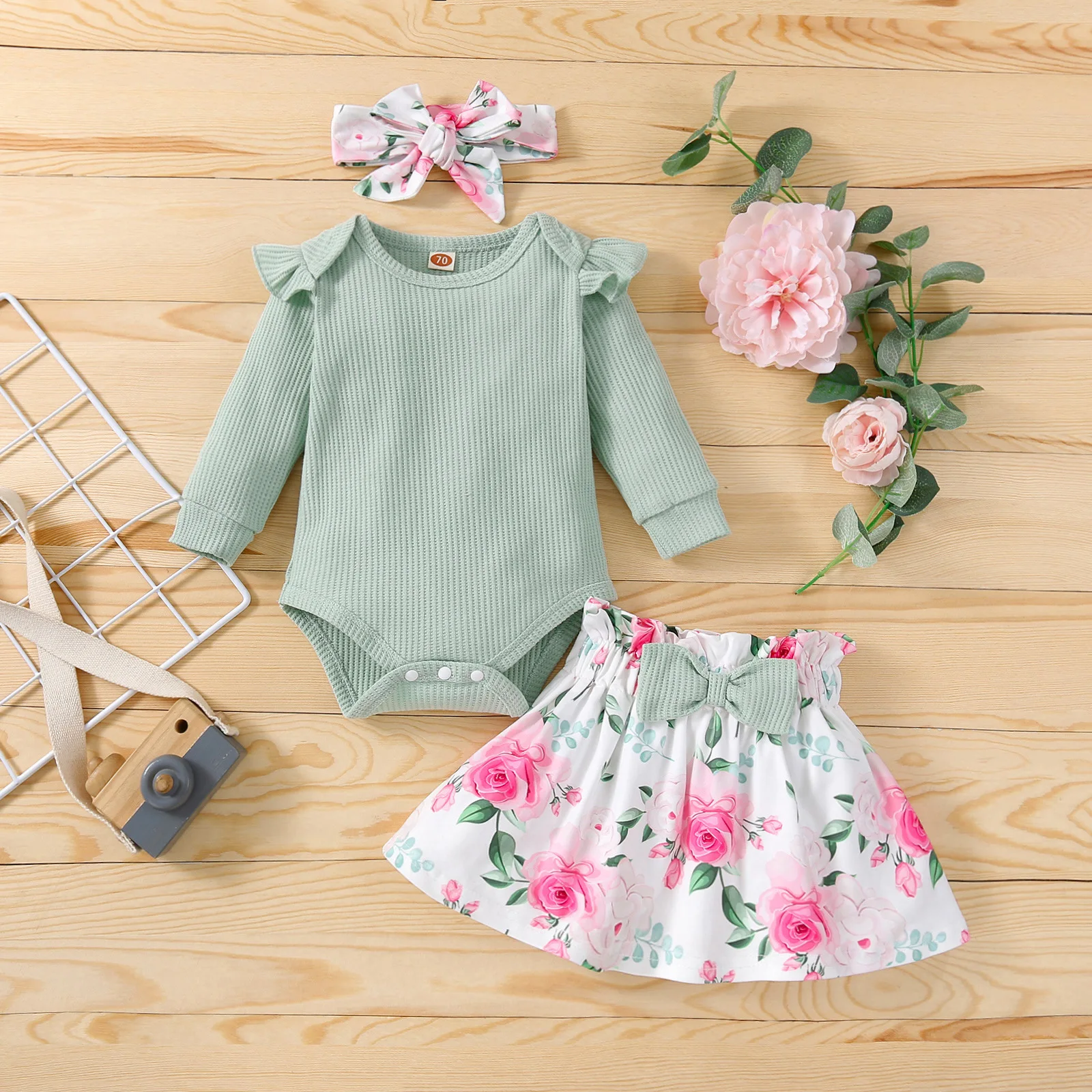 

Spring Autumn Clothing Newborn Toddler Baby Girl Outfits Long Sleeve Bodysuit+ Bow Print Skirt Suit Headband 3pcs Set