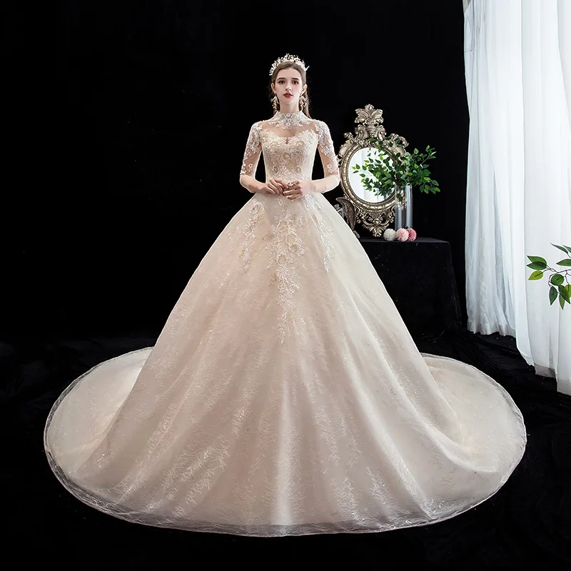 

Champagne Three Quarter Sleeve Wedding Dress With Sweep Brush Train Lace Ball Gown Plus Size Custom Made Robe De Mariee 2021
