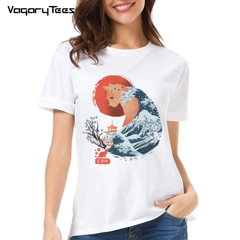 

The Great Wave off Kanagawa in Cat vintage Ukiyo Meow футболка женская с коротким рукавом женская белая Повседневная футболка унисекс уличная одежда