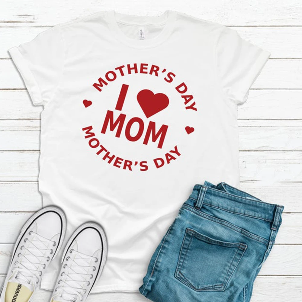 День матери I Love Mom (Я люблю маму) для влюбленных с принтом сердце футболки девочек