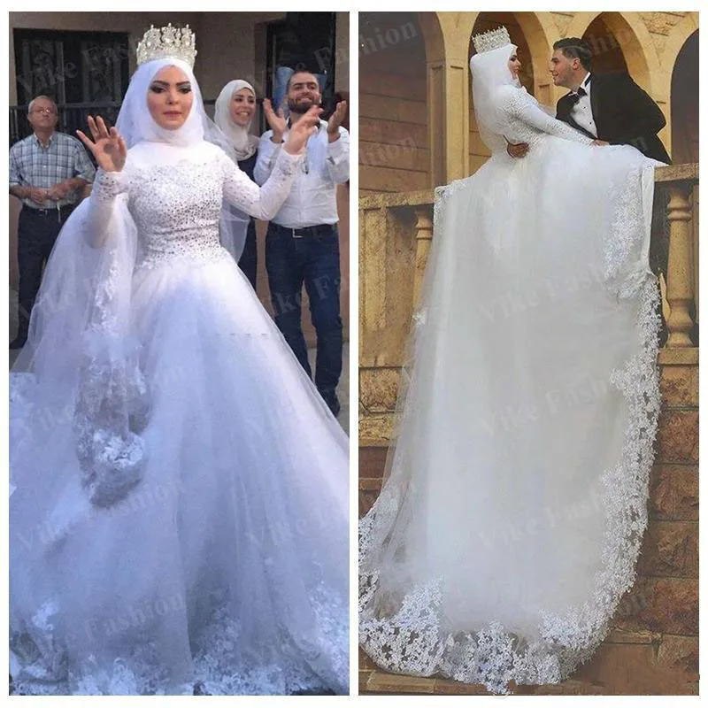 

High Neck Modest Muslim Wedding Dresses Lace Appliques Beaded Full Sleeves Custom Made Puffy Tulle Ball Gown Lace Bridal Gown