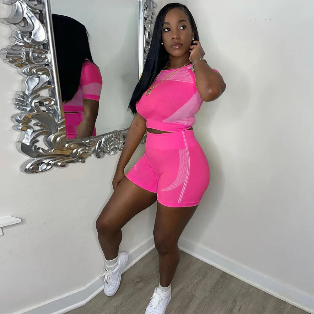 

2021 Casual Running Two Piece Sets for Women O Neck Short Sleeve Bandage Crop Top High Waist Biker Short Active Wear Sweatsuits