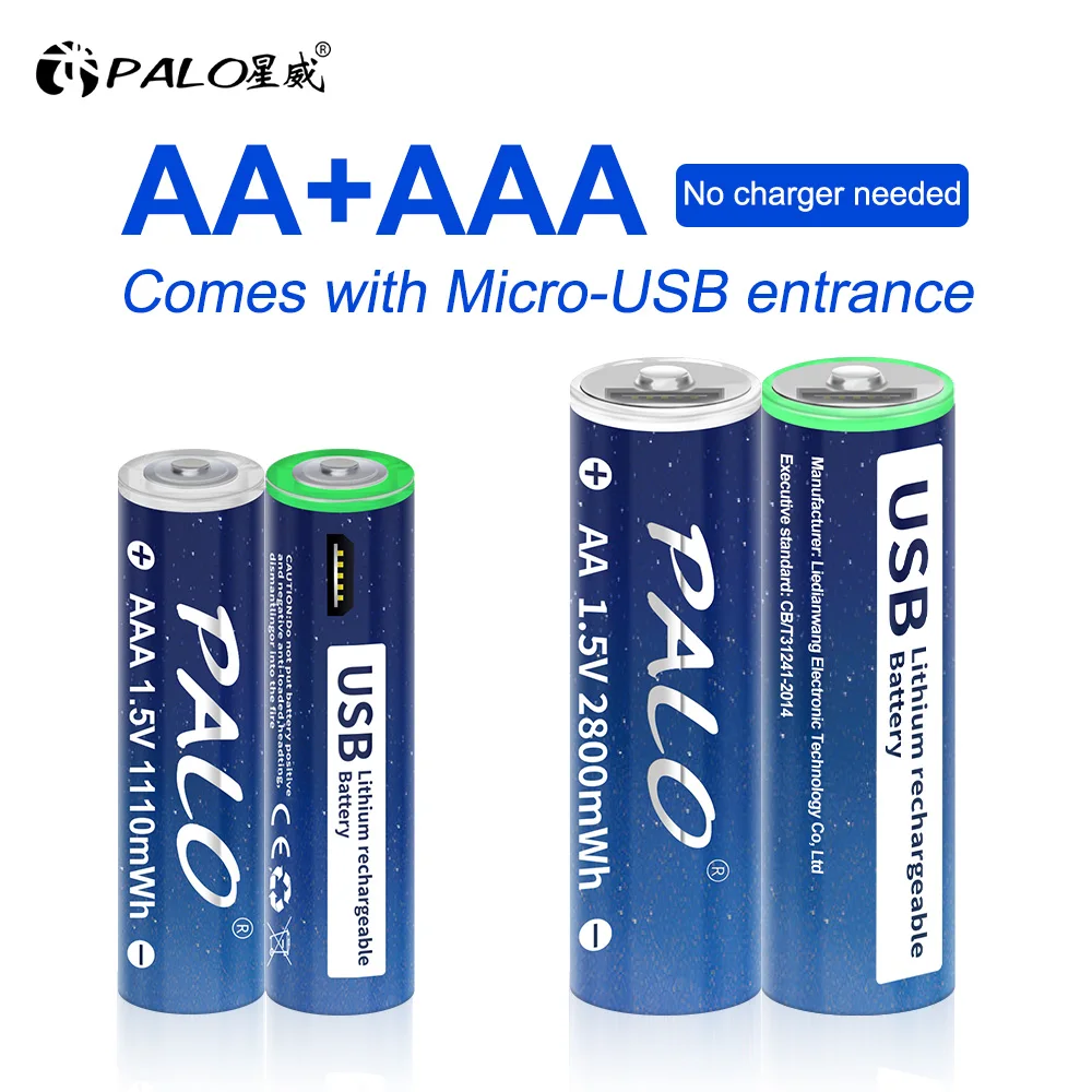 

PALO USB 1.5V AAA Lithium Rechargeable Battery 1110mWh + AA 1.5V USB Rechargeable li ion battery 2800mWh for toys remote control