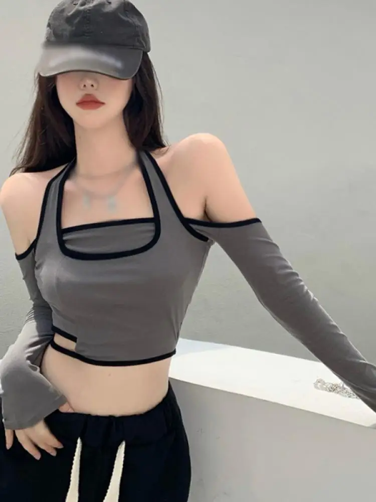

Women'S Early Autumn New Sling Crop Top Tight-Fitting Off-Shoulder Basic Fashion Long-Sleeved Pullover Slim T-Shirt