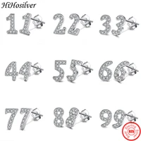 hihosilver number 0 9 crystal 100 real 925 sterling silver stud earrings for woman trendy jewelry gift girl hh21065