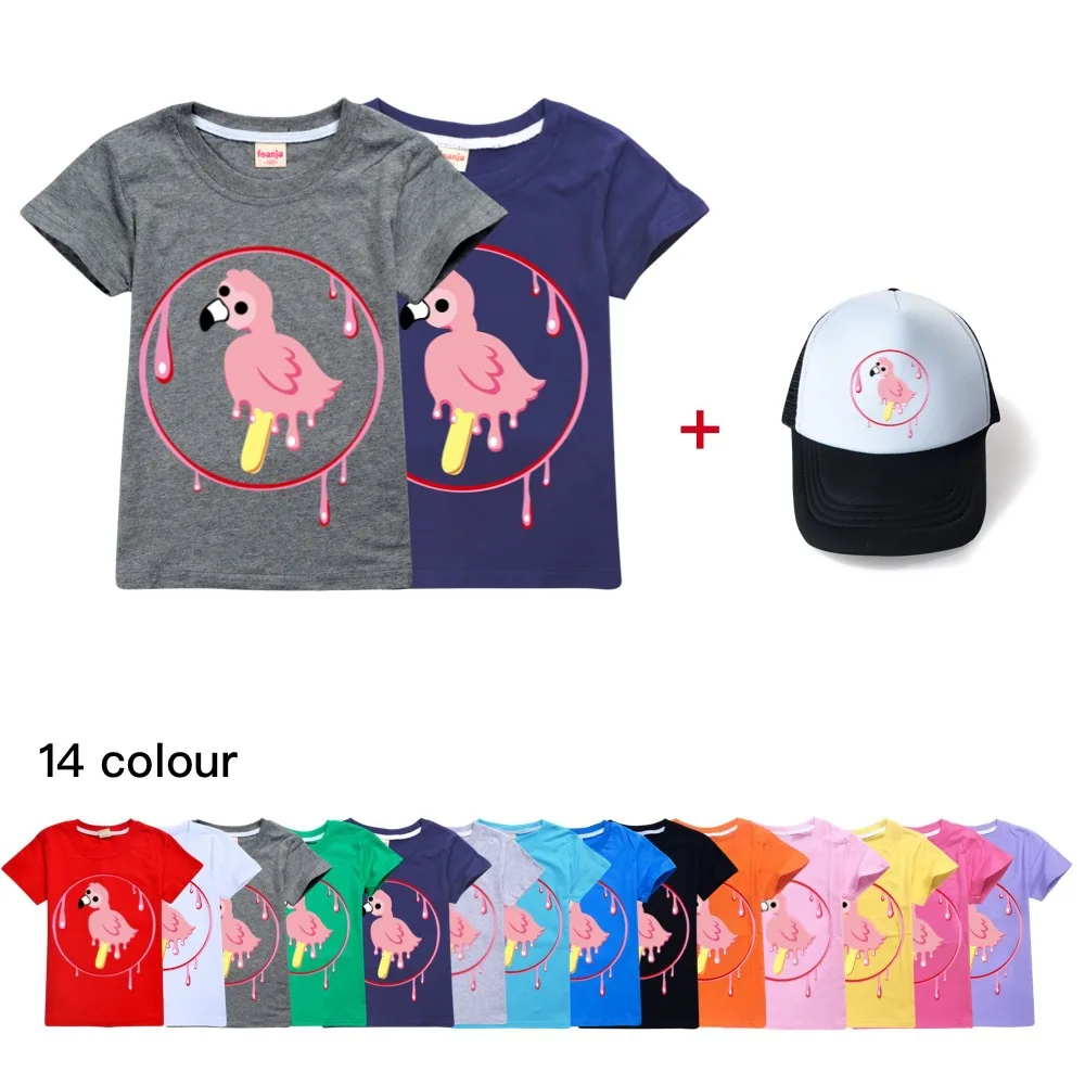 

Летняя одежда для маленьких девочек, рубашка из 2020 хлопка с фламинго для девочек на день рождения, флип, яркая блузка для мальчиков + головные уборы, топы для больших детей
