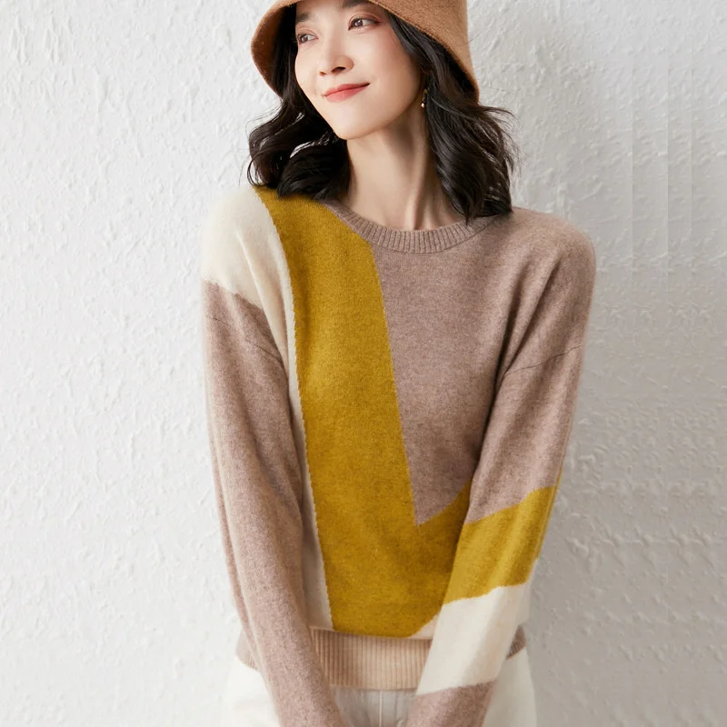 

Large Woolen Sweater Women's Color Matching Sweater Autumn And Winter New Loose Bottomed Sweater. Wear Lazy Thickened Cashmere