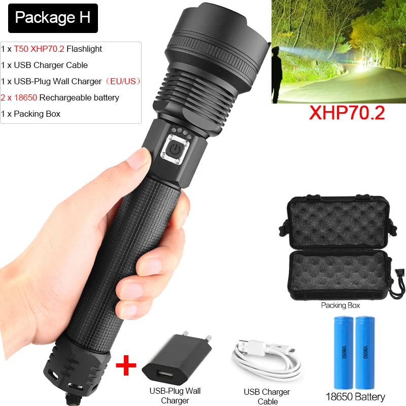 Package H 7000лм мощный светодиодный фонарь XHP70.2 перезаряжаемый фонарь XHP50 USB Zoom фонарь XHP70 охотничий фонарь для рыбалки 26650 18650 - Испускаемый цвет: Package H