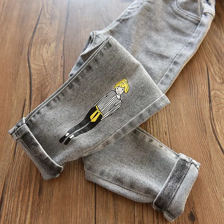 Детские джинсы с принтом для девочек повседневные свободные брюки из денима