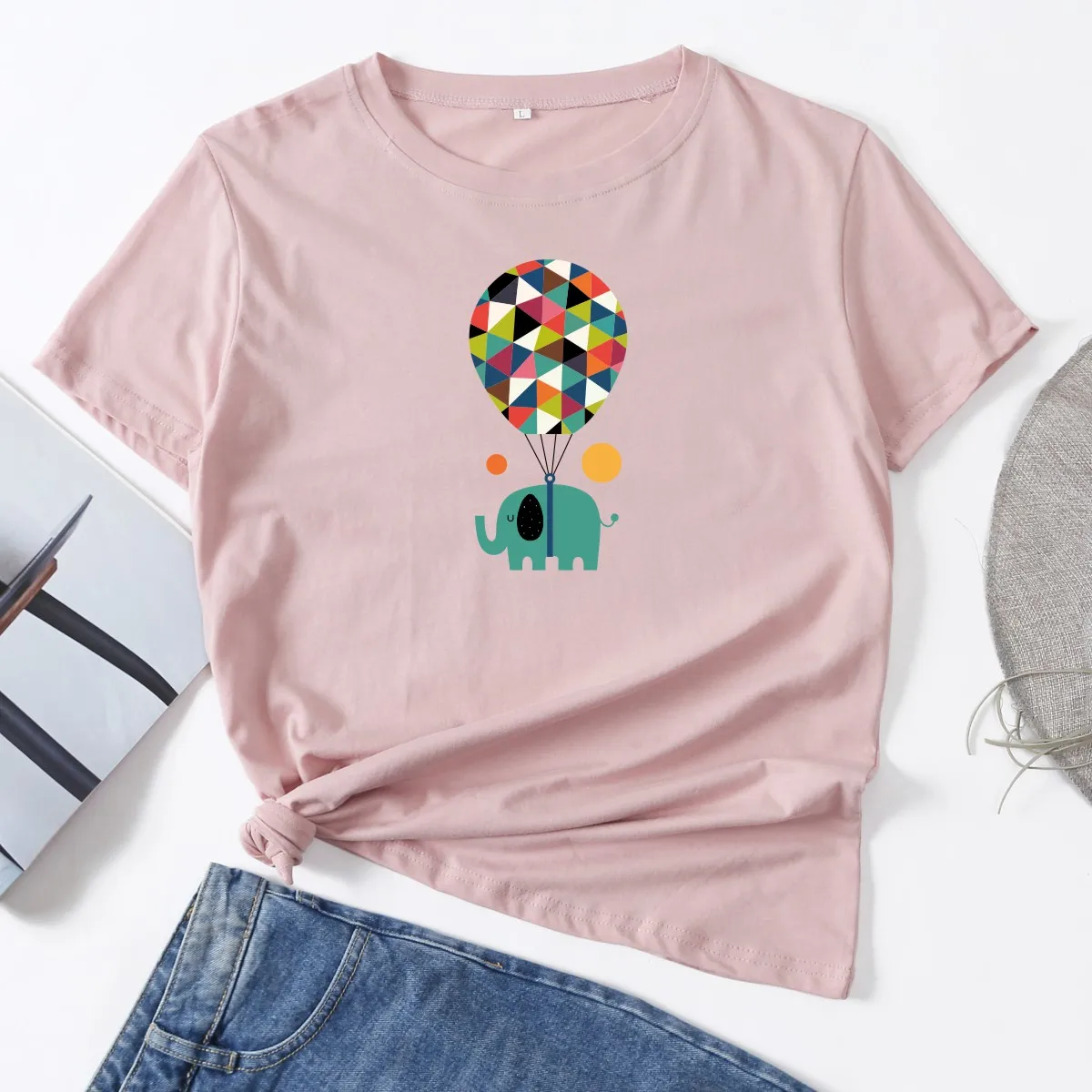 

Balloon Elephant Animal Top Woman T-Shirt Short Sleeve T-Shirts Summer Tops for Women Cotton Graphic Tee Shirt Femme Clothes
