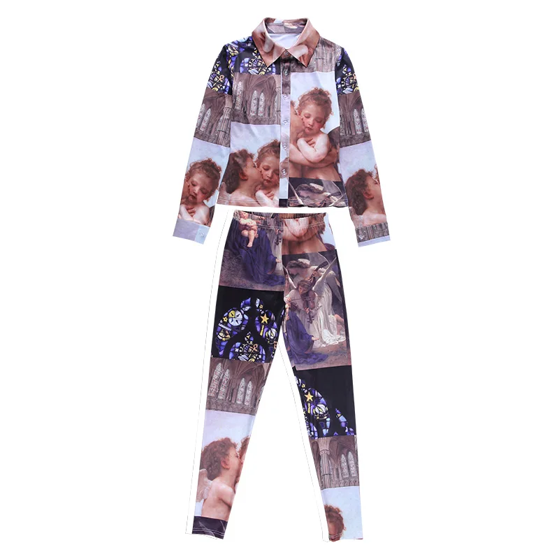 Angel print fashion suit women's screen red same street trend two piece high waist casual pants