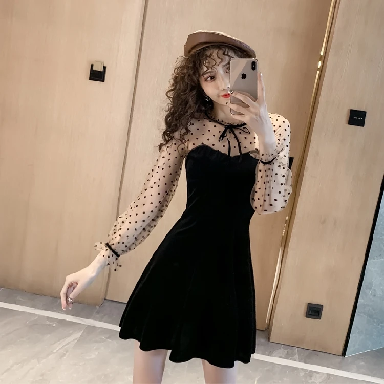 Модное Сетчатое мини-платье тонкое черное платье с круглым вырезом и длинным