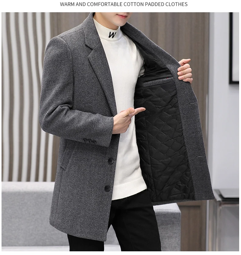 

Business Outwear Men's Casual Autumn Winter Cotton Coat PlusSize Streetwear Heavy Woolen Overcoat Medium Length Long Windbreaker