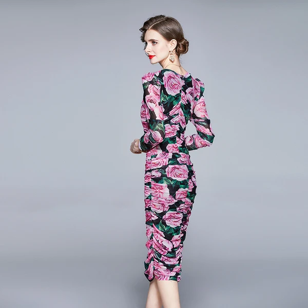

2021 Spring Elegant Party Lady Vestidos Women Sexy Mesh Floral Printed Bodycon Slim Draped pencil Dresses Robes