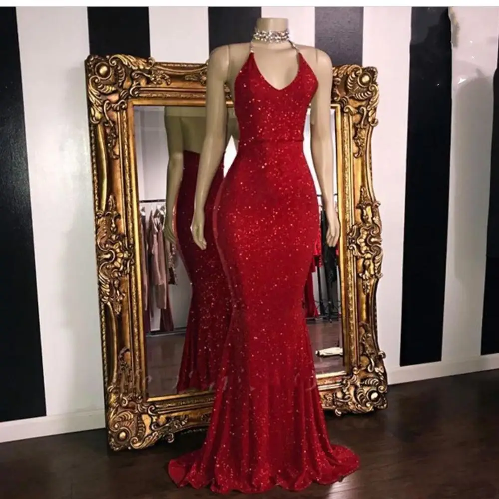 Красные блестящие пайетки вечерние платья 2020 Русалка Холтер без рукавов с