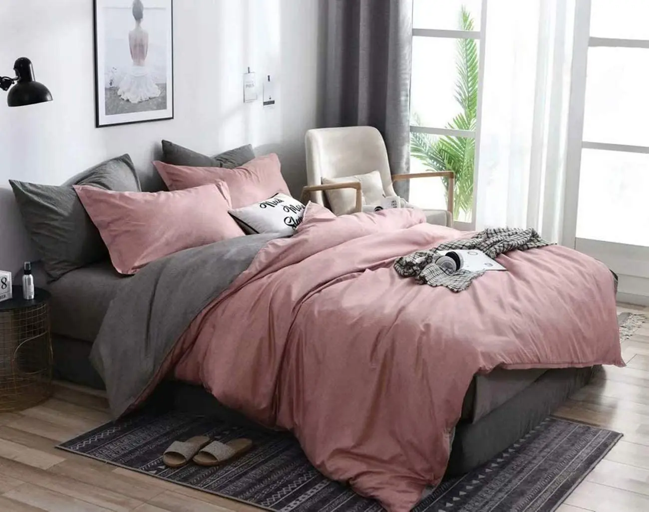 

3pcs Blush Pink Gray Duvet Cover Set Full Queen Size Dusty Rose Charcoal Grey Reversible Farmhouse Bedding Set Modern Solid Plai