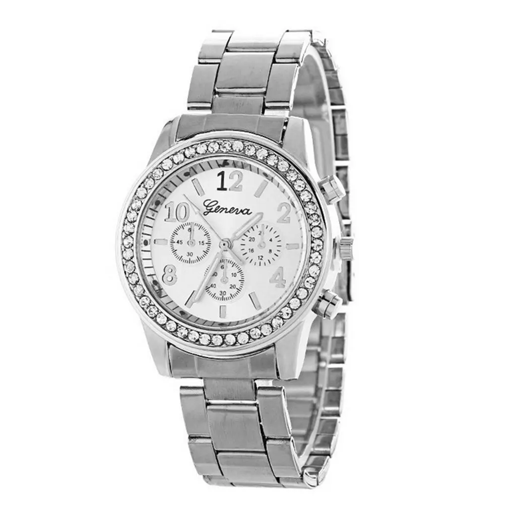 New Trendy Women Crystal Quartz Watch Geneva Three-eye Diamond Luxury Stainless Steel Strap Round Dial | Наручные часы