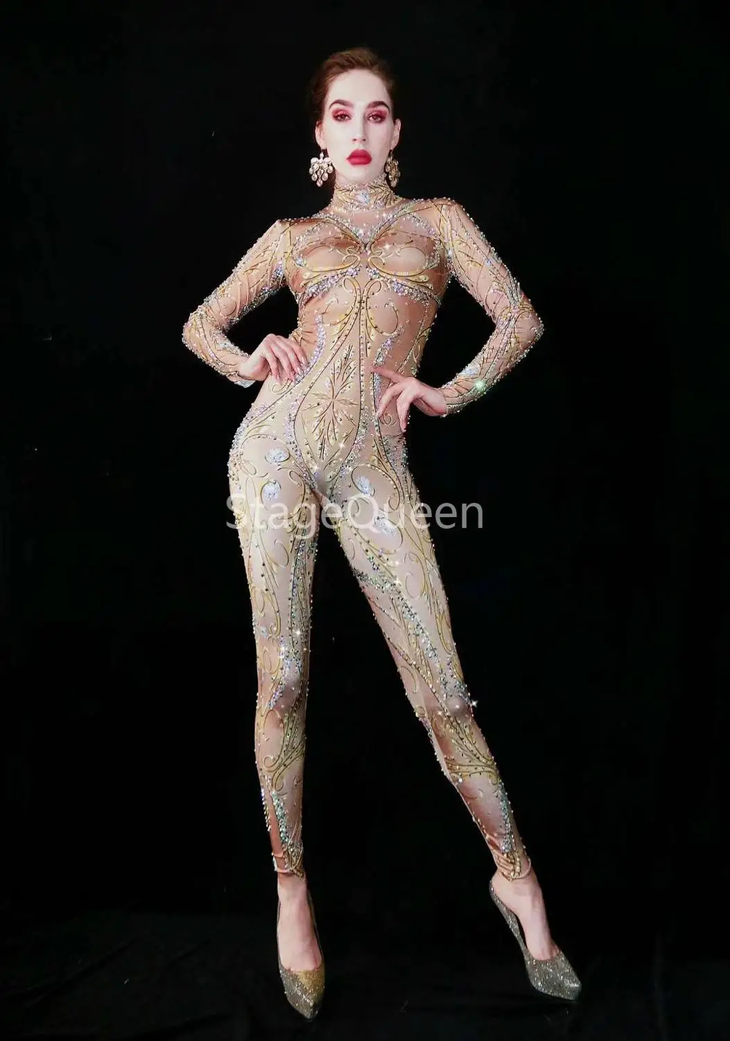 2020 Style Multi-color Rhinestones Nude Spandex Jumpsuit Women Singer Bar Leggings Prom Stage Wear Dancer Birthday DS DJ Outfit