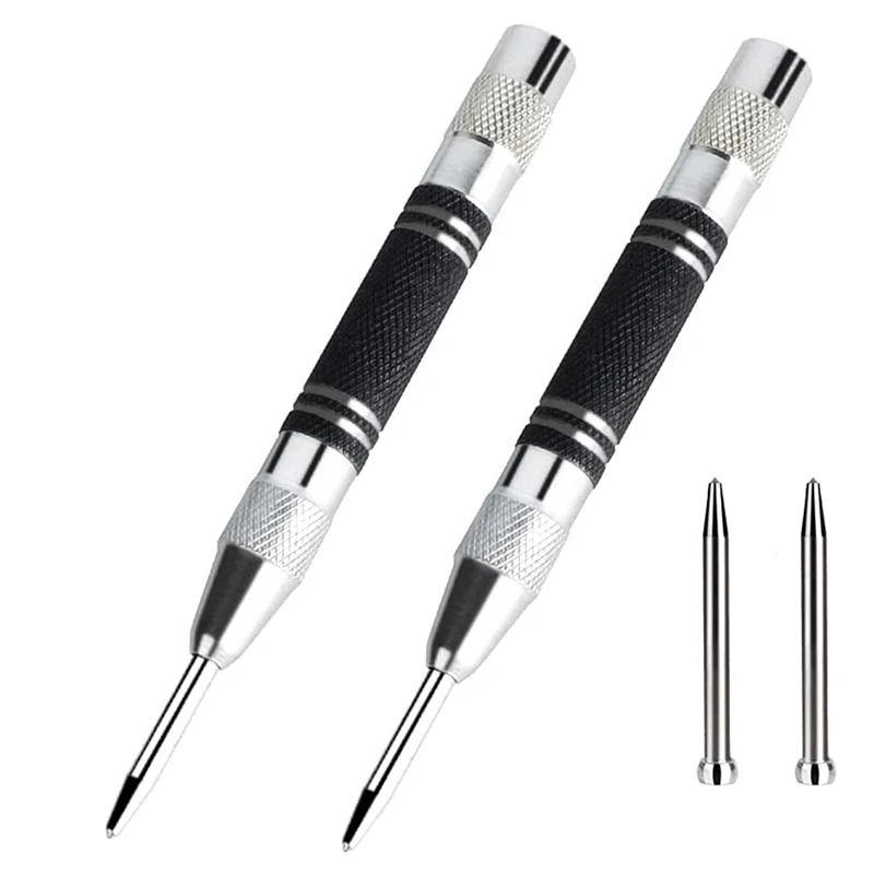 

2 Pack Automatic Center Punch 5 Inches Spring Loaded Center Hole Punch Adjustable Tension With 2 Replacement Tips