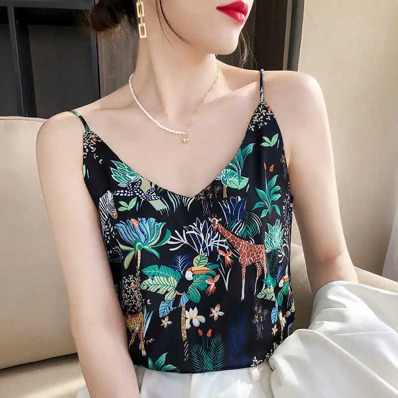 

Satin Silk 2021 Summer Women's New Slim V-neck Short Fawn Printed Inner Fashion Top Camisole