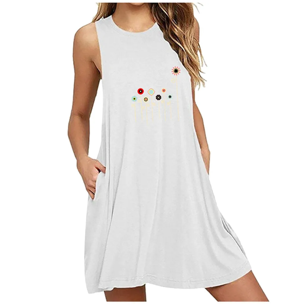 Женское платье без рукавов повседневное мини-платье с круглым вырезом карманами