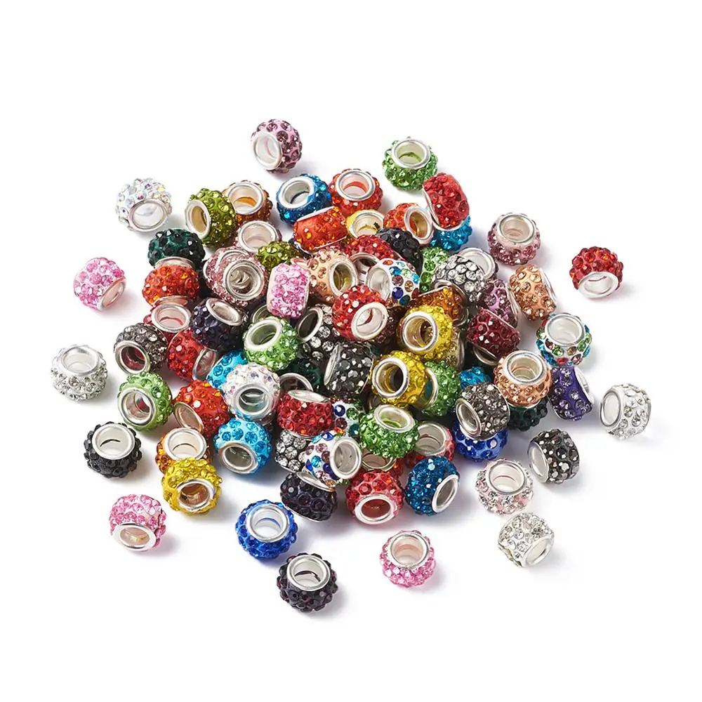 

100Pcs Polymer Clay Rhinestone European Beads Mixed Color Large Hole Rondelle Beads Charms For DIY Bracelets Jewelry Making