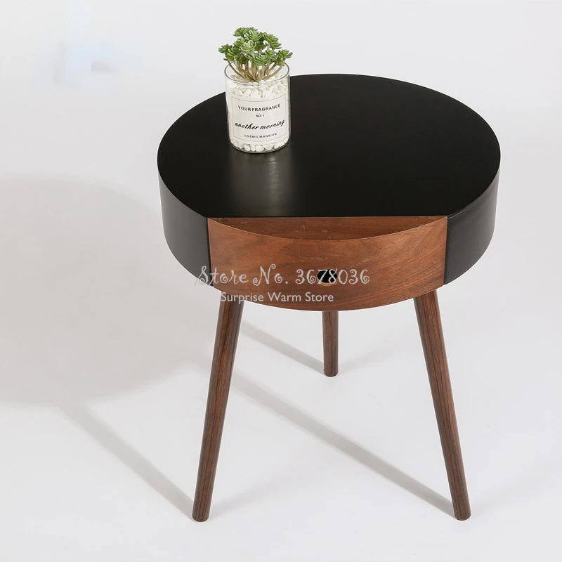 

Wooden Bedside Table Round Cabinet Nordic Living Room Sofa Side Table with Single-drawer End table Coffee Table Corner Desk