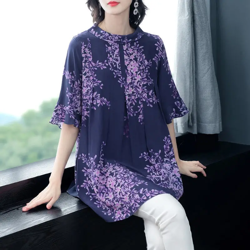 Женская шифоновая блузка средней длины свободная тонкая рубашка с рукавом в виде