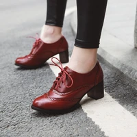 womens pump shallow brogue shoe vintage chunky heel cut out oxford shoes woman lace up female fashion elegant ladies short boot