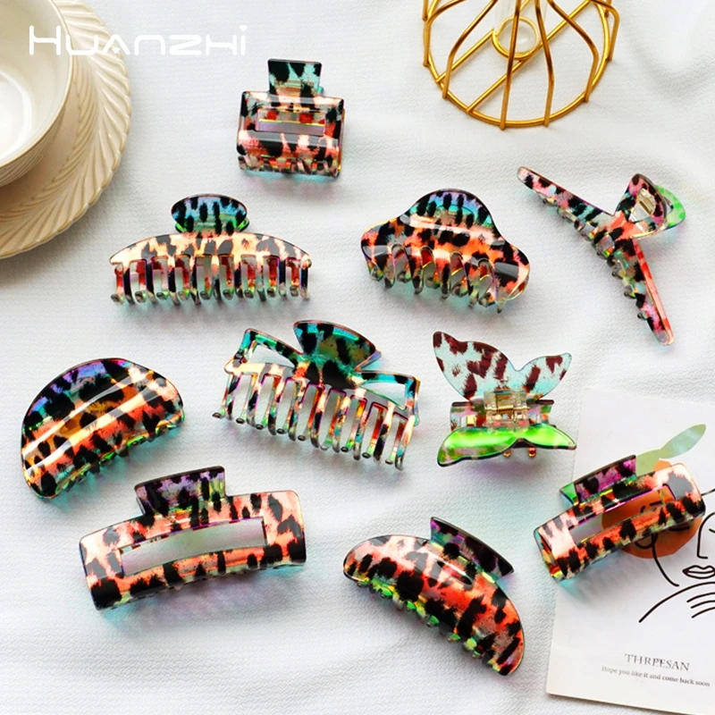 

HUANZHI 2021 New Leopard Print Hair Clips Claw for Women Headwear Rainbow Color Transparent Hairpin Symphony Hair Accessories