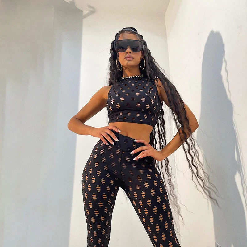 

Thorn Tree Sexy Hollow Out Fishnet Two-pieces Women Suits Solid Sleeveless Tank Crop Tops High Waist Leggings Pants 2021 Summer