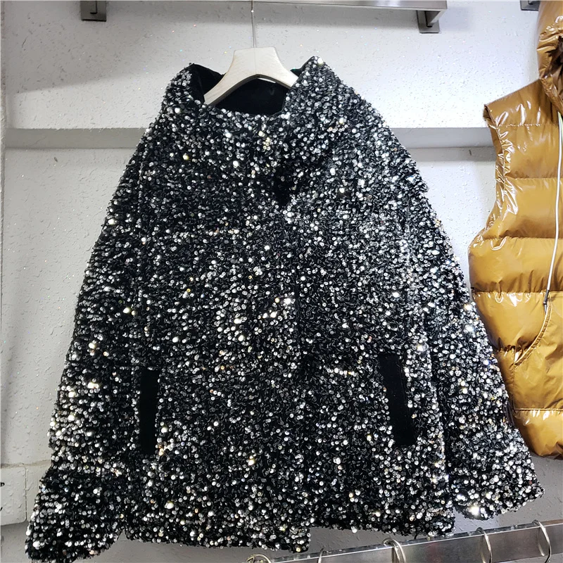 

Women Winter Fashion Sequins Loose Down Jackets Street Stand Collar Thick Casual Parkas Black Preppy Style Short Cotton Coats