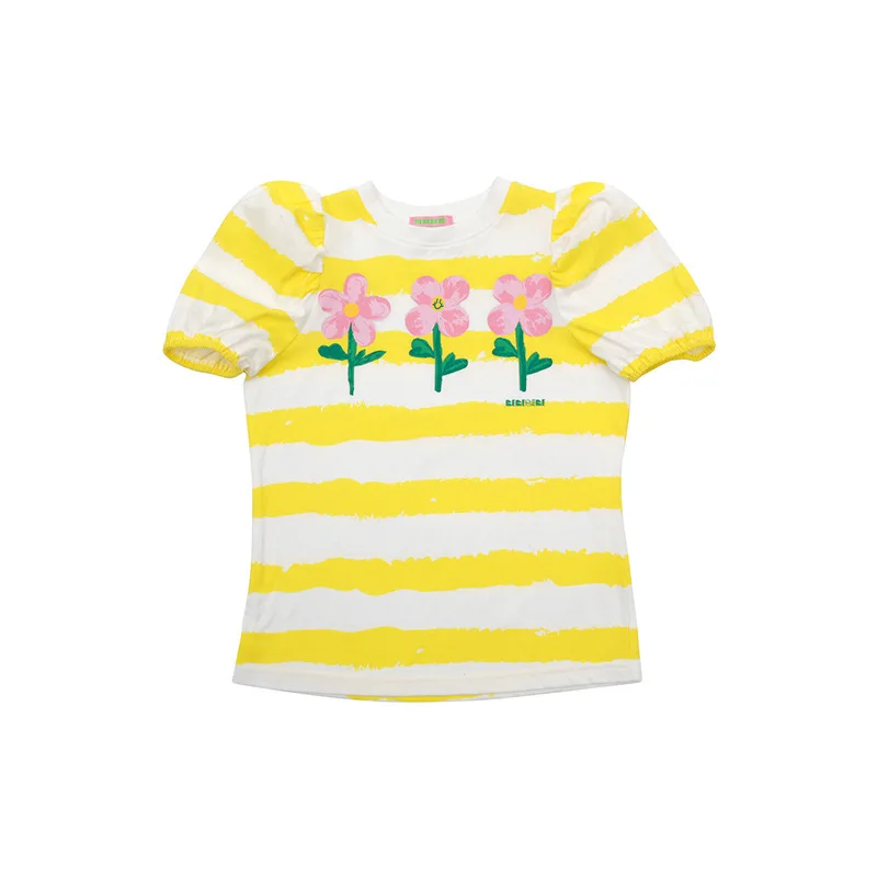 

Summer Girls T-Shirt Korean Cotton Casual Short Sleeve Striped Flower Cartoon Pattern Boys' Top Neutral Children's Wear 2021 NEW