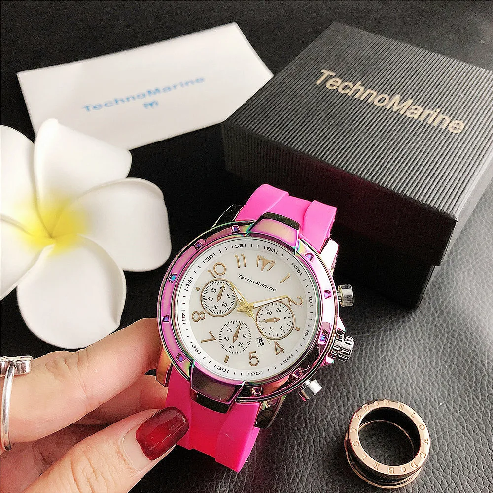 The New TechnoMarine Business Classic Top Quality Men Ladies Rose Red Strap Women Quartz Wristwatch Limited Couple Watch