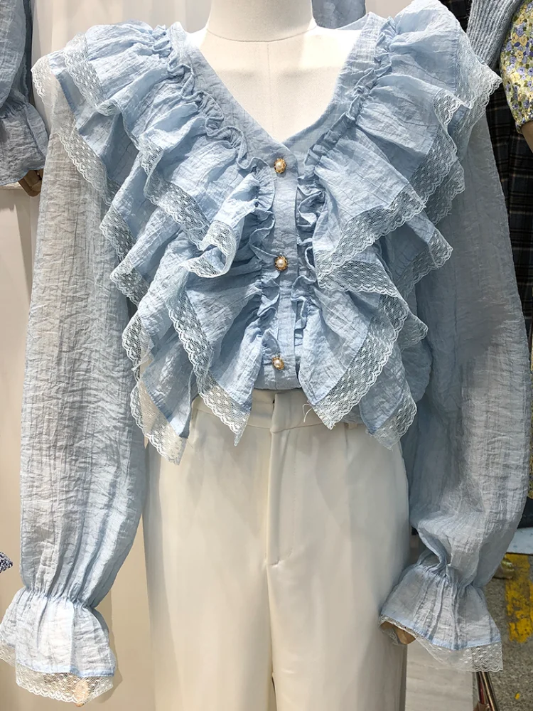 

Ruffles Blue Lace Women Blouse Summer New 2021 V-Neck Button Long-Sleeved Loose Sweet Style Elegant Office Lady Pulls Tops