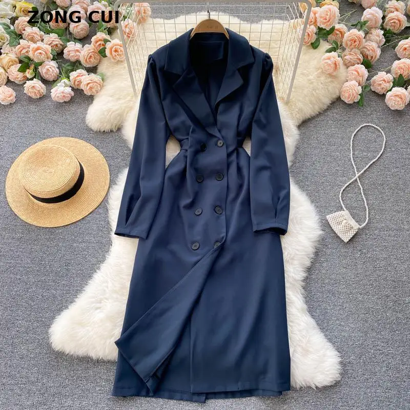 

2021 Autumn Women Long Blazer Dress Notched Neck Long Sleeve Solid Double Breasted Lace-up Waist Temperament Office Lady Dress