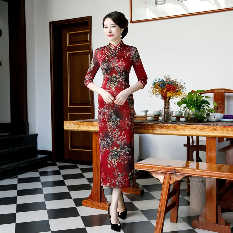

5XL классическое китайское платье-Ципао с воротником-стойкой, пикантное облегающее платье с принтом, женское летнее винтажное платье на пуго...