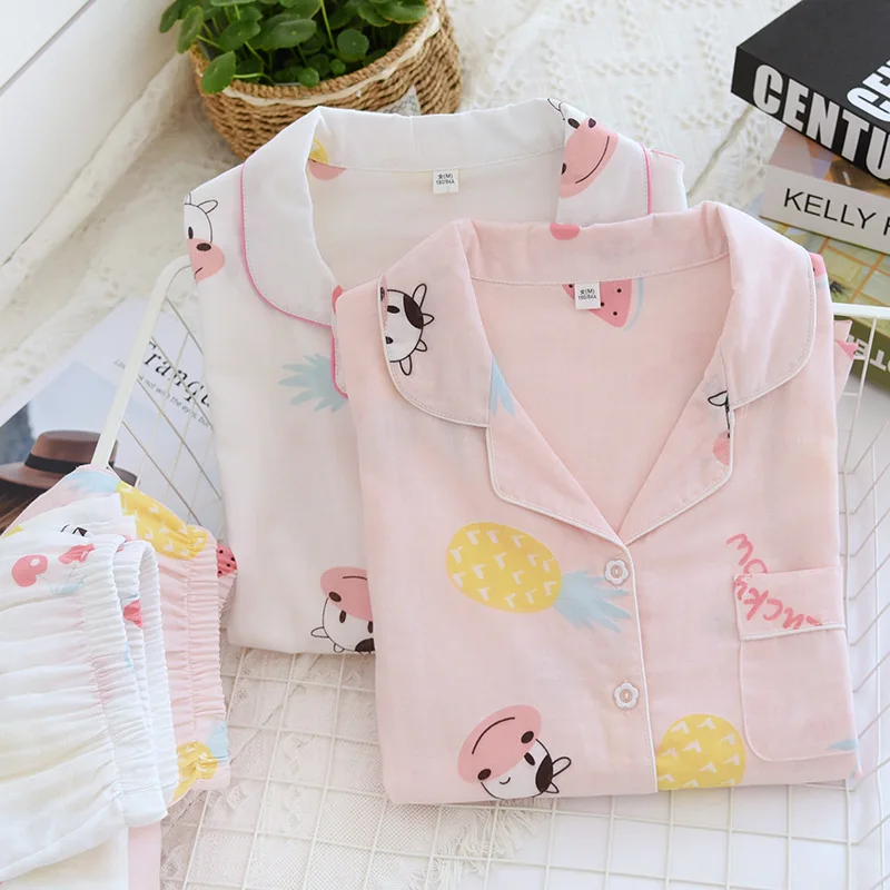 Japanese Spring and Summer Women's Pajamas Cotton Tulle Soft Pajamas Set Comfortable Long Sleeve Cardigan Women's Home Wear