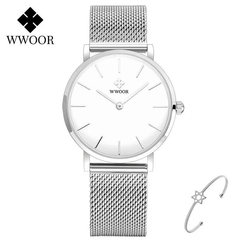 

WWOOR New Women Bracelet Watch Quartz Creative Design Ladies Watches Waterproof Rose Gold Stainless Steel Mesh Relogio Feminino