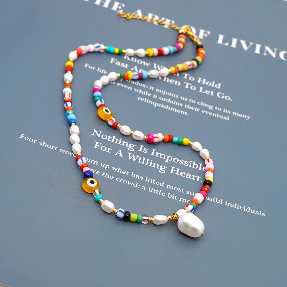 

New Crystal Evil Eye Peandant Women Necklace Natural Freshwater Pearl Long Necklaces Bohemian Beach Style Female Jewerly