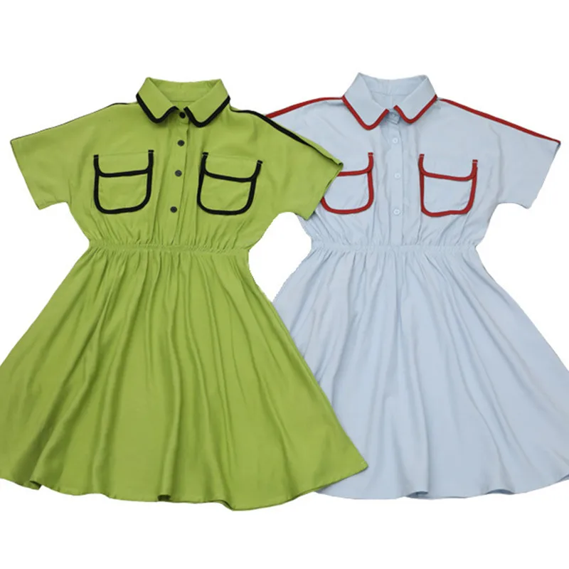 

Летнее повседневное расклешенное платье-рубашка с двумя передними карманами для девочек-подростков от 4 до 16 лет модное платье с отложным в...