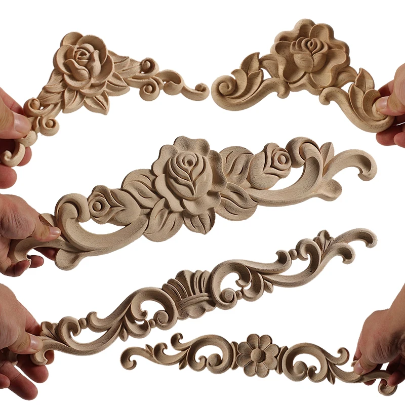 Unpainted Exquisite Classical Wood Decal Onlay Wood Applique Mouldings Floral Corner Wooden Furniture Decoration Accessories
