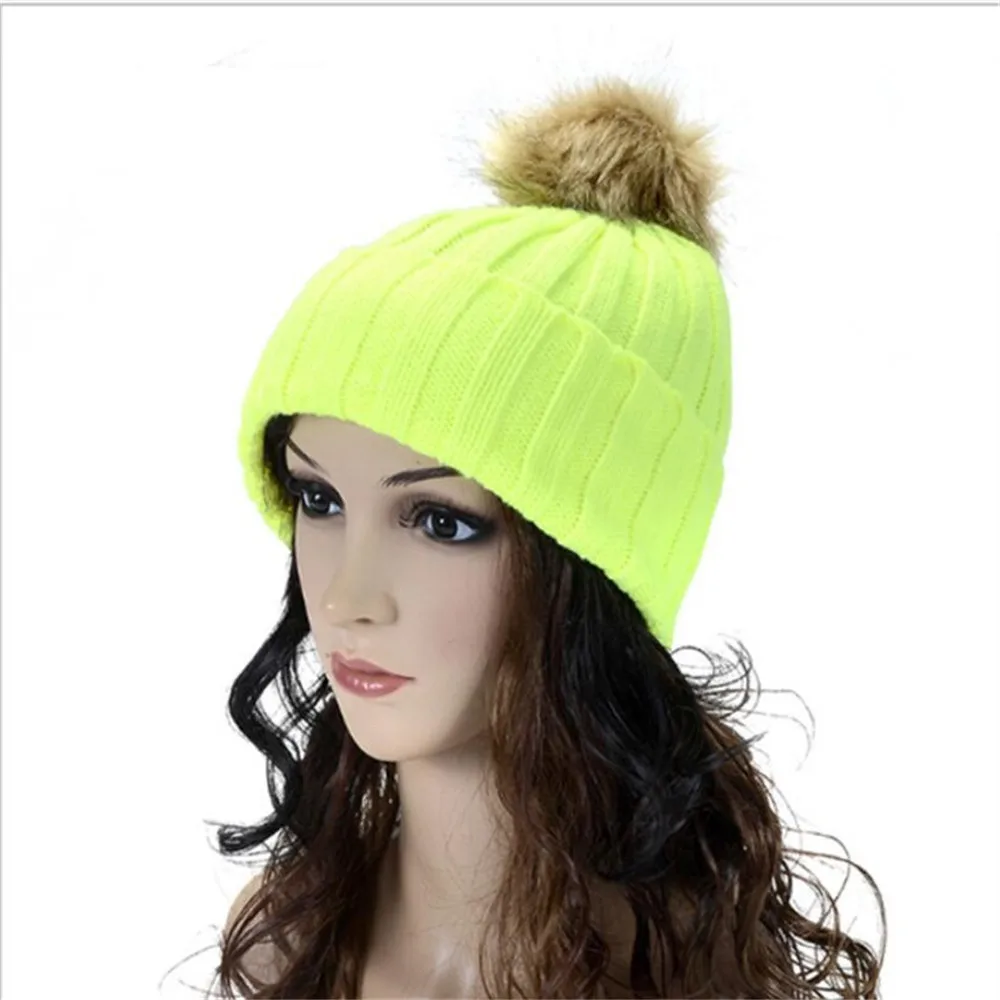 Женские яркие зимние вязаные шапочки из искусственного меха енота и кроличьего с