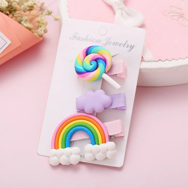 

Hot Seller Korean Style New Creative Cute Rainbow Clouds Lollipop Barrettes Set Sweet Side Clip Hair Accessories for Women